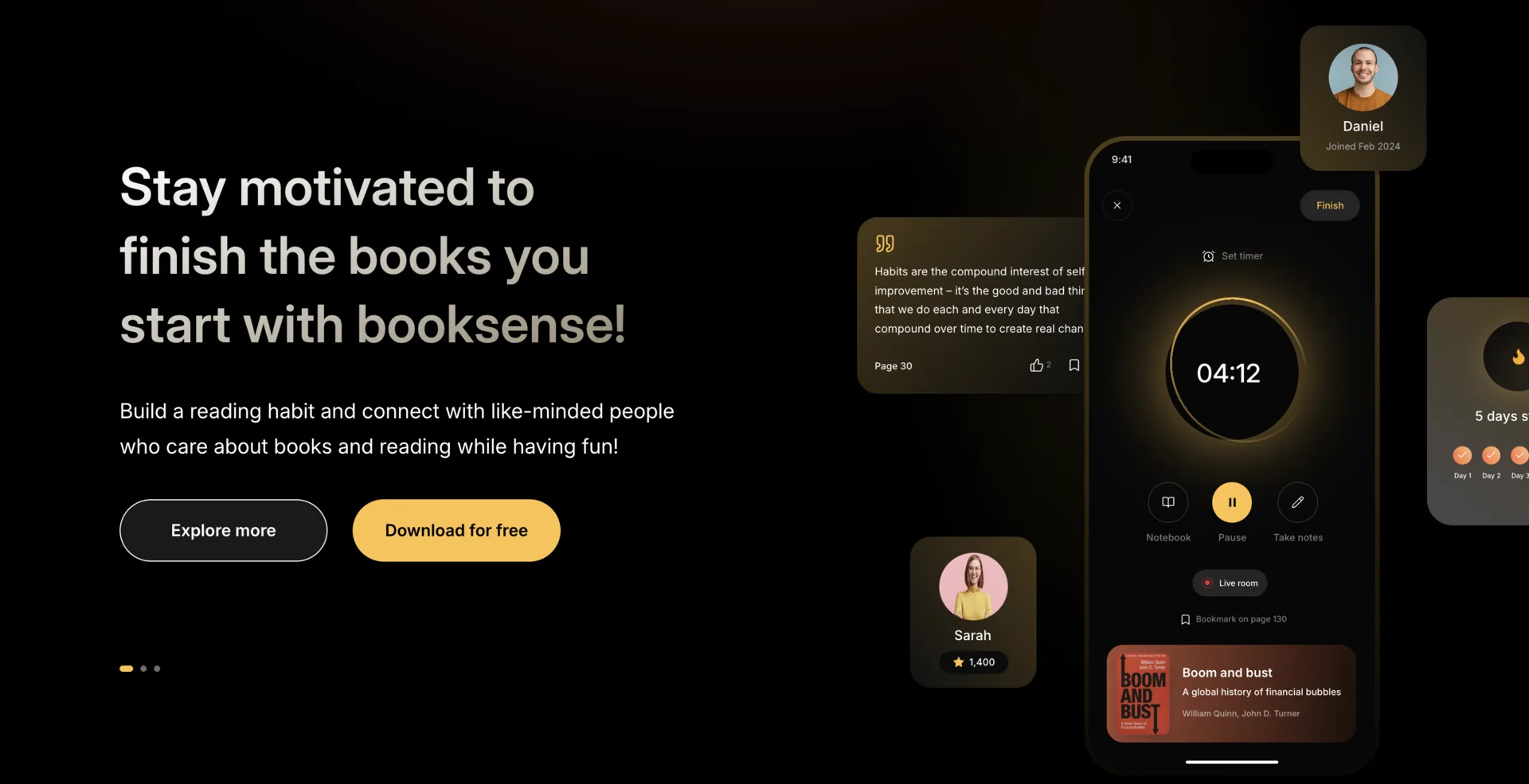 the booksense app: a timed reading session with notes, streaks, and live rooms