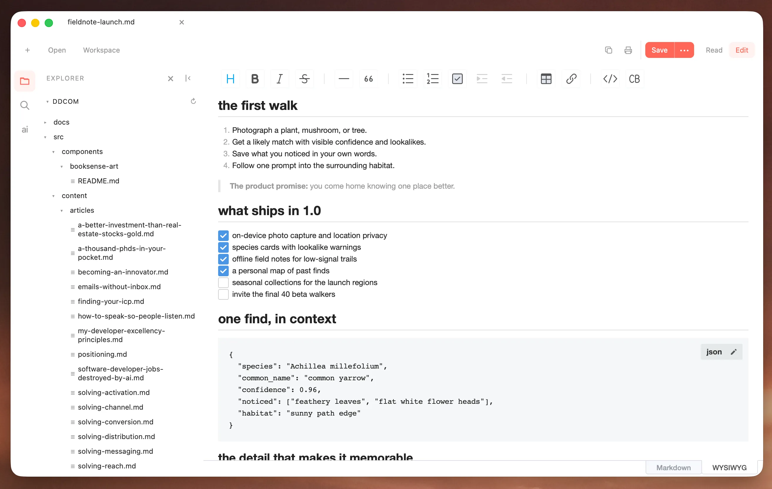 Markview editing the Fieldnote document in WYSIWYG mode