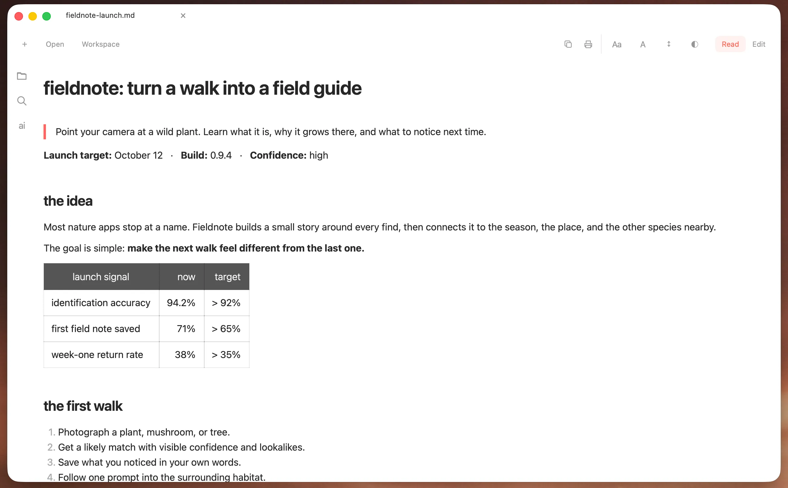 Markview reading the Fieldnote document in a focused view