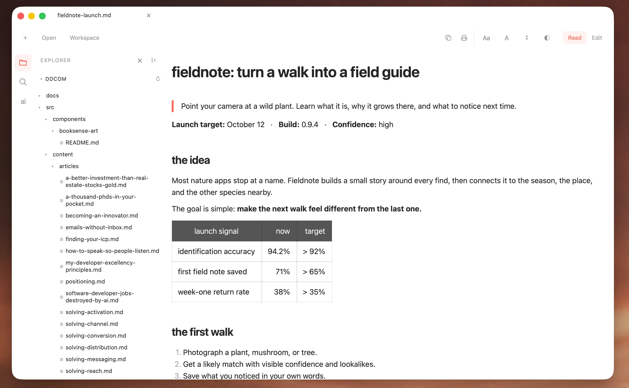 Markview reading the Fieldnote launch document with the workspace explorer open