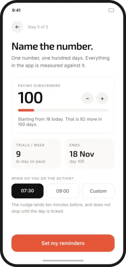 Distronaut's goal screen: name one number for the hundred days, with the weekly trial pace and the finish date it implies
