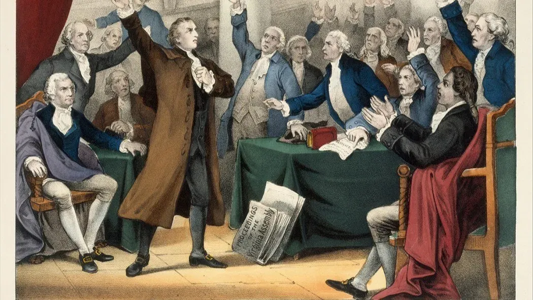 A lithograph of Patrick Henry delivering his "give me liberty or give me death" speech to the Virginia Assembly.
