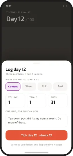 Distronaut's log sheet for day 12: volume, trials, and subscribers, plus one line of notes, then tick the day