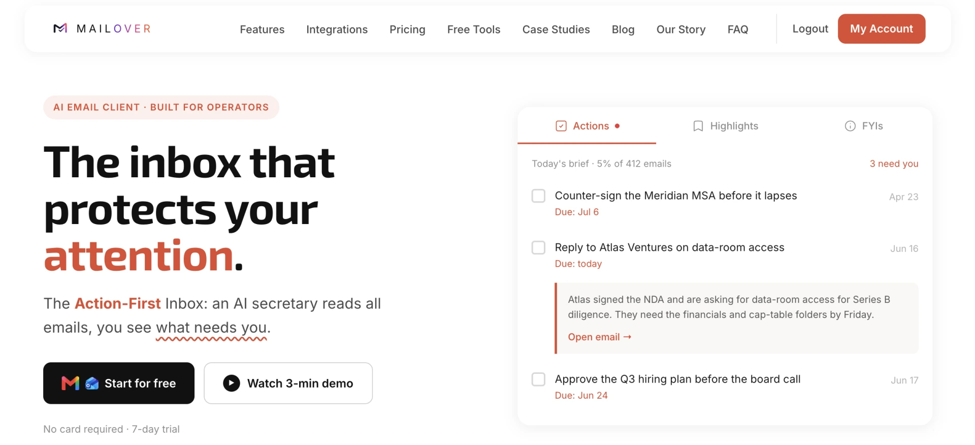 the mailover app: today's brief with action items, highlights, and fyis