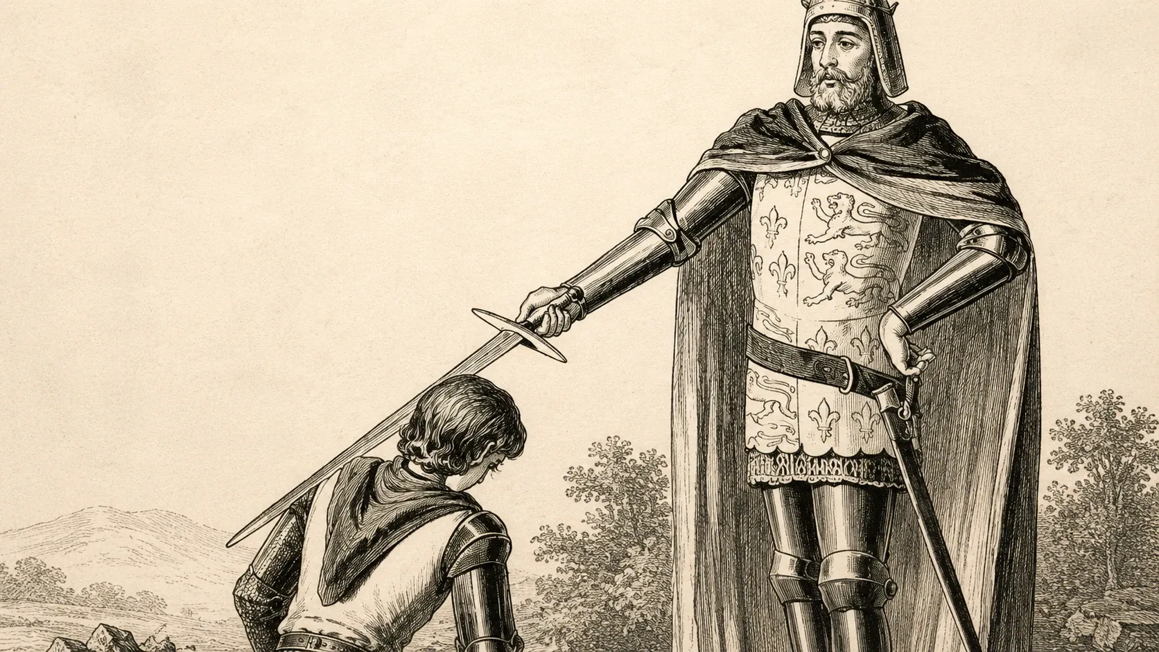 A lithograph of a knight dubbing a kneeling squire with a sword.