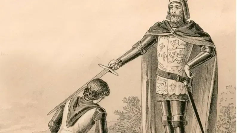 A lithograph of a knight dubbing a kneeling squire with a sword.