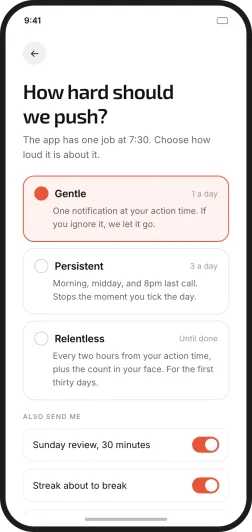 Distronaut's nudge settings: gentle, persistent, or relentless, plus the Sunday review and a streak-about-to-break alert