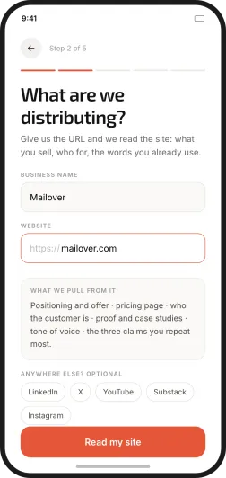 Distronaut onboarding, step 2 of 5: give it your website and it reads the site for positioning, customer, and tone of voice