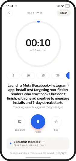 a running Distronaut session: a 25 minute timer logging against today's action, with pause, draft, and log controls