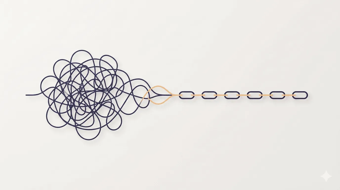 A tangled knot of navy thread on the left resolving into an orderly amber chain of links on the right.