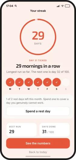the Distronaut streak screen: 29 mornings in a row, a week of ticks, and one rest day left this month