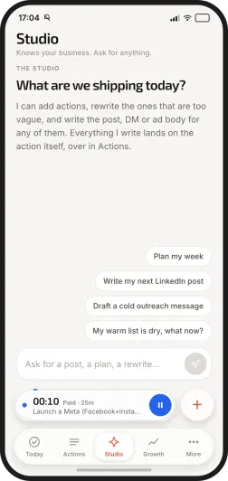 the Distronaut studio: a chat that drafts the post, the DM, or the ad body, with the drafts landing on the action