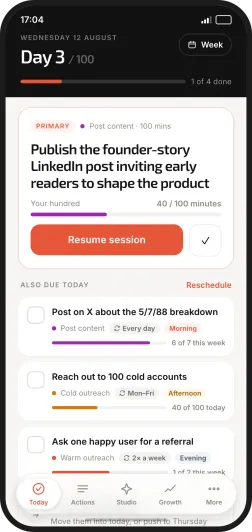 the Distronaut today screen: day 3 of 100, one primary action to publish a founder-story post, and three repeating actions also due