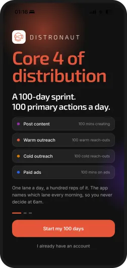 the Distronaut welcome screen: a 100-day sprint, one primary action a day, across post content, warm outreach, cold outreach, and paid ads
