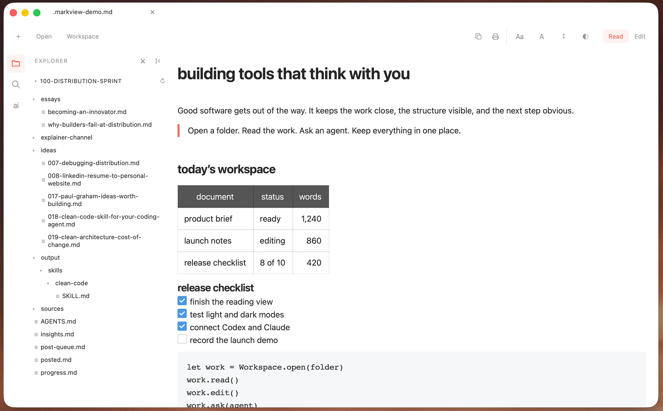 Markview reading a Markdown document with its workspace explorer open