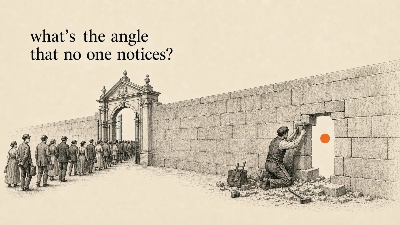 An ink sketch of a long stone wall. A queue of people waits to file through the one ornate gate, while further along the wall a single figure kneels and chisels their own doorway through the stone, an orange dot marking the opening.