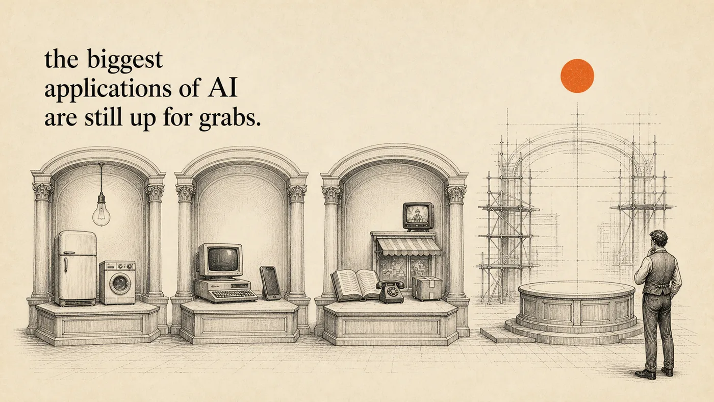 An ink sketch of a museum with four alcoves. Three hold the applications of past eras: a fridge and washing machine, a personal computer, a shopfront and telephone. The fourth is an empty plinth under scaffolding, with an orange sun above it.
