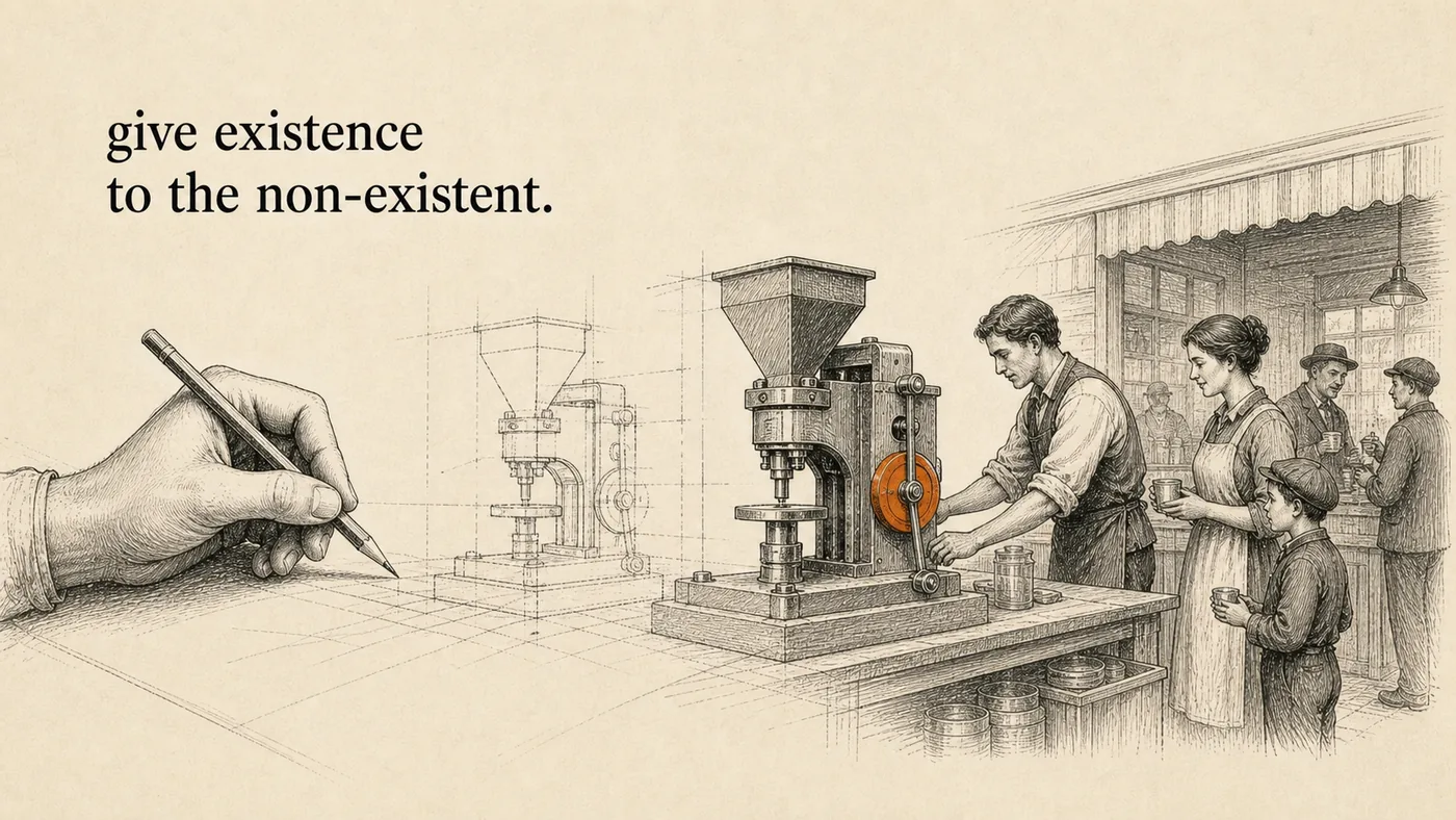 An ink sketch reading left to right: a hand drawing a machine on a blank sheet, a faint ghosted version of that machine, the finished press being worked by a maker, and beyond it a shop counter where customers hold the product it stamps out.