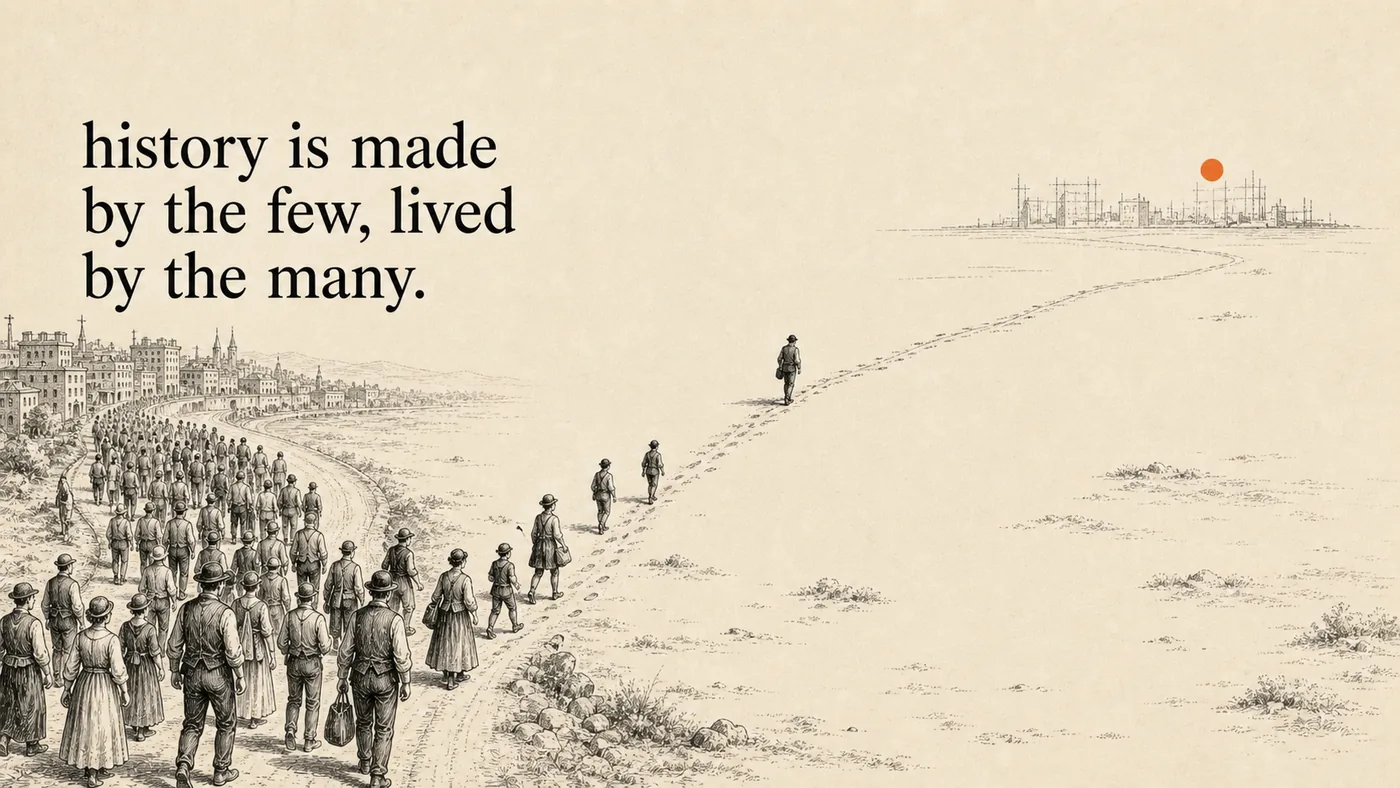 An ink sketch of a dirt track leaving an old city. A dense crowd walks the well-worn road, a handful of figures have moved ahead onto open ground, and one lone figure far in front is breaking a fresh trail toward a half-built city under an orange sun.