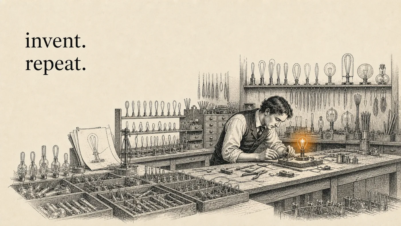 An ink sketch of an inventor's workbench crowded with light bulb prototypes: racks of failed bulbs on the wall, trays of filament samples across the bench, sketches pinned beside them, and one bulb finally glowing under his hands.