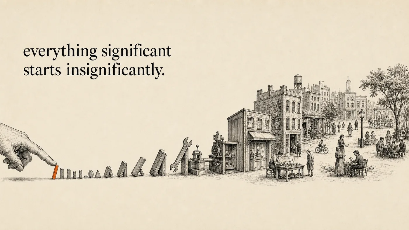 An ink sketch of a domino chain running left to right. A fingertip tips a tiny orange domino, and each following piece is larger: blocks, then a wrench, then machines, then a shopfront, and finally a whole street of townhouses and people.