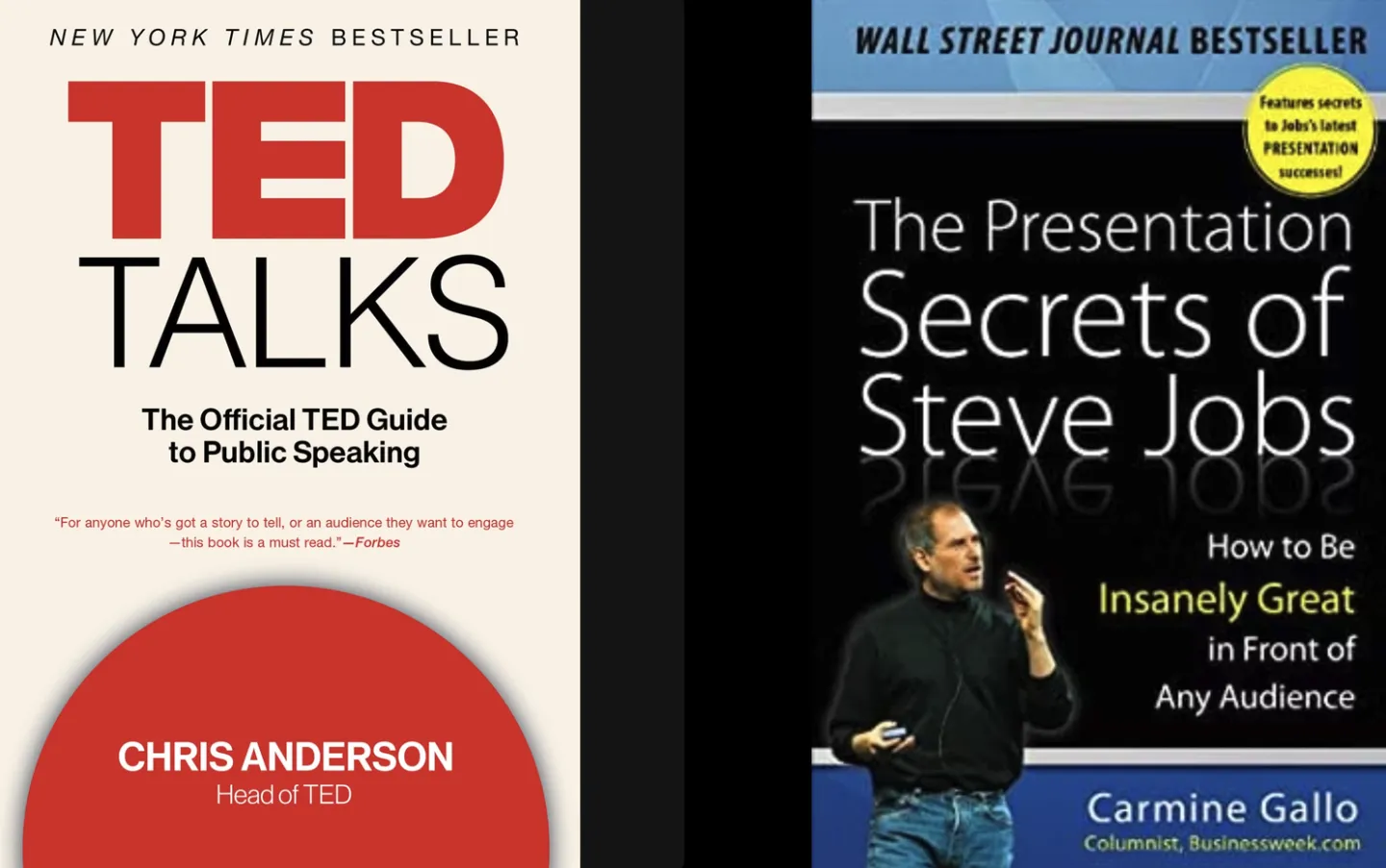 Book covers of TED Talks by Chris Anderson and The Presentation Secrets of Steve Jobs by Carmine Gallo.