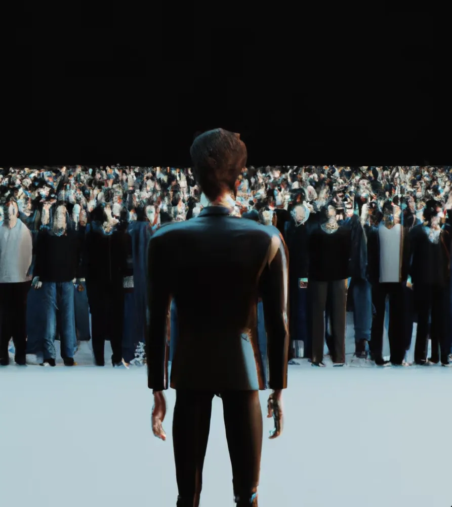 An illustration of a speaker, back to us, facing a large audience.