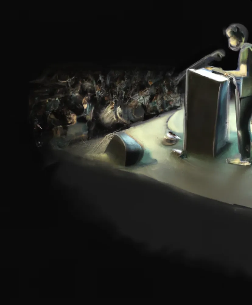An illustration of a lone speaker at a lectern facing a dim, attentive audience.