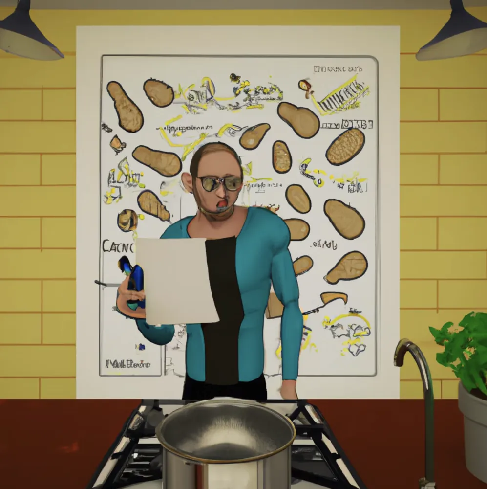 A stylized illustration of a presenter cooking, with ingredients laid out like a recipe.