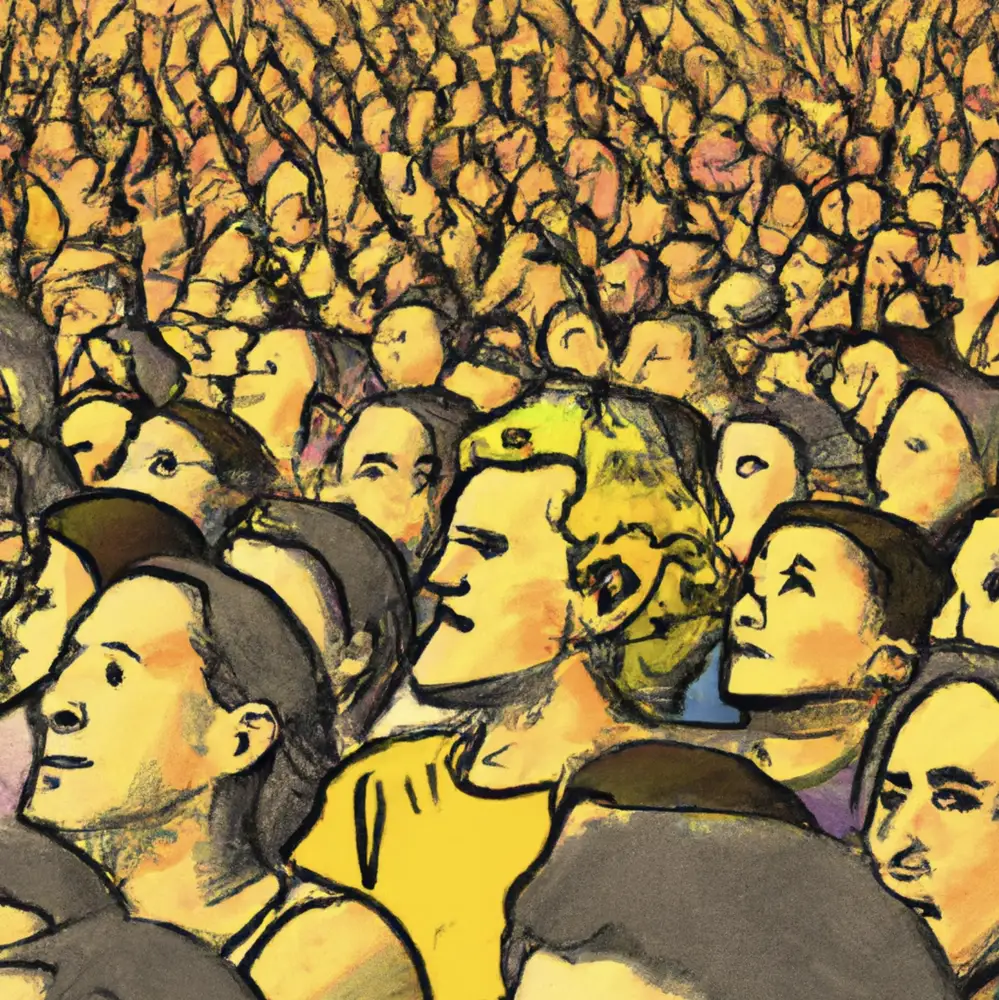 An illustration of a large crowd gazing upward, captivated.
