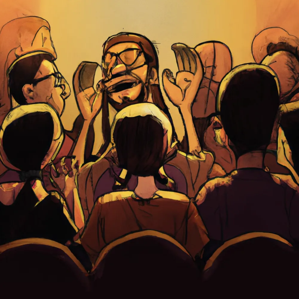 An illustration of an audience laughing together, caught up in a story.