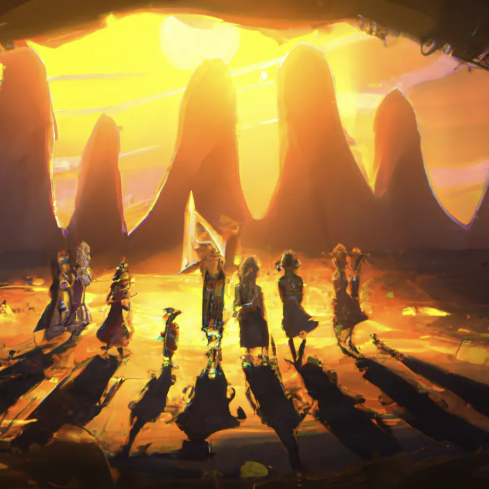 An illustration of figures walking a lit path toward a bright sunrise.