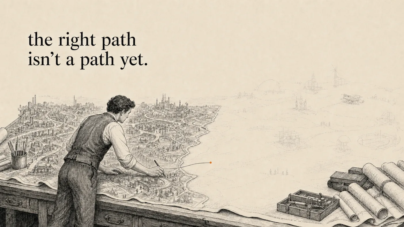 An ink sketch of a mapmaker leaning over a huge chart. The left half is a dense, finished city of streets and roads; at the coastline his pen draws the first line out into blank paper, where the structures of a future city are only faintly ghosted in.