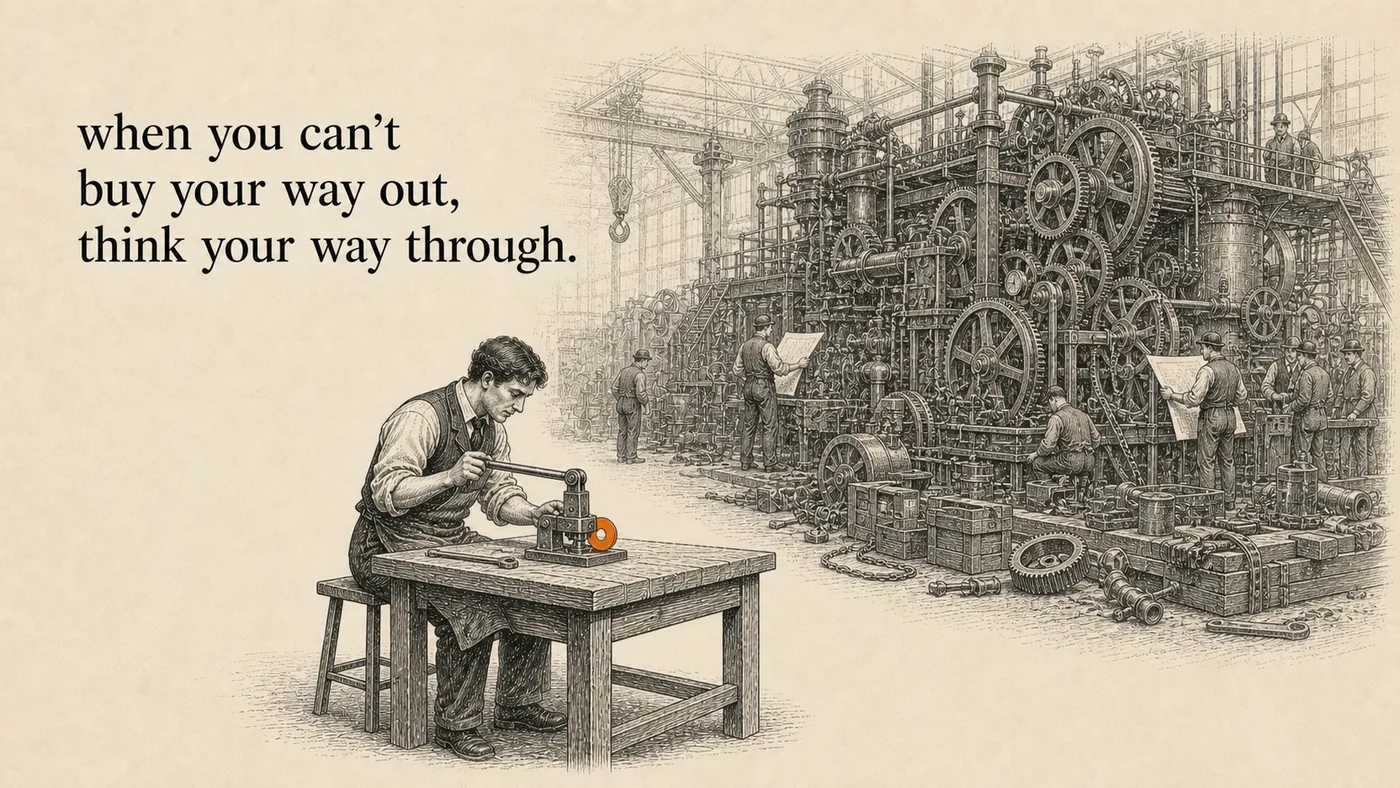 An ink sketch contrasting two workshops. On the right, a huge factory of gears and scaffolding worked by a dozen men. On the left, alone at a plain wooden bench, one maker works a small hand press with an orange wheel.